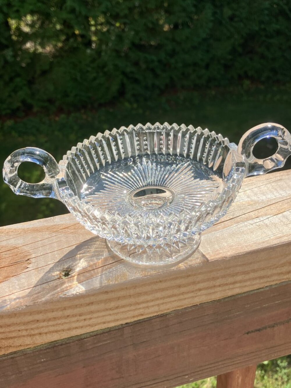 Vintage EAPG Brilliant Candy Dish Double Handle Starburst Sawtooth Rim cir 1910